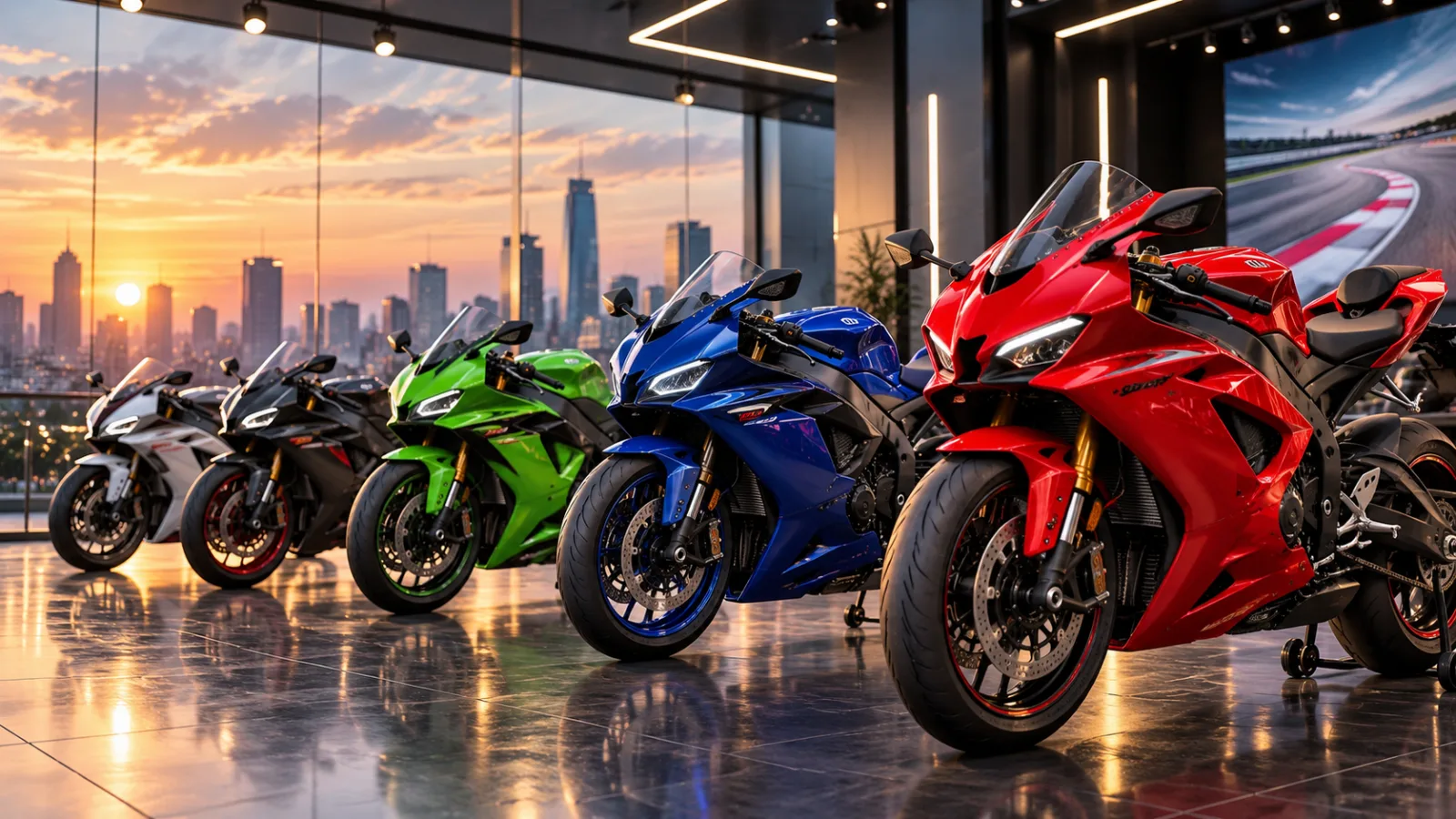 Ilustrasi deretan motor sport di diler