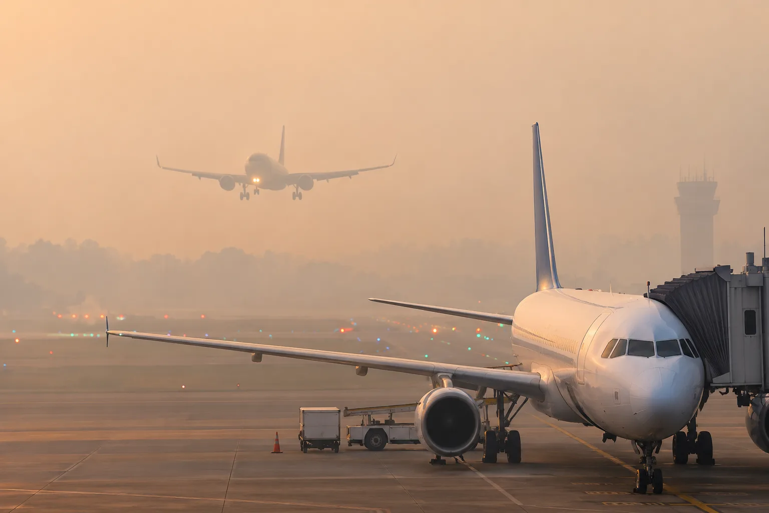 Ilustrasi pesawat di bandara berkabut
